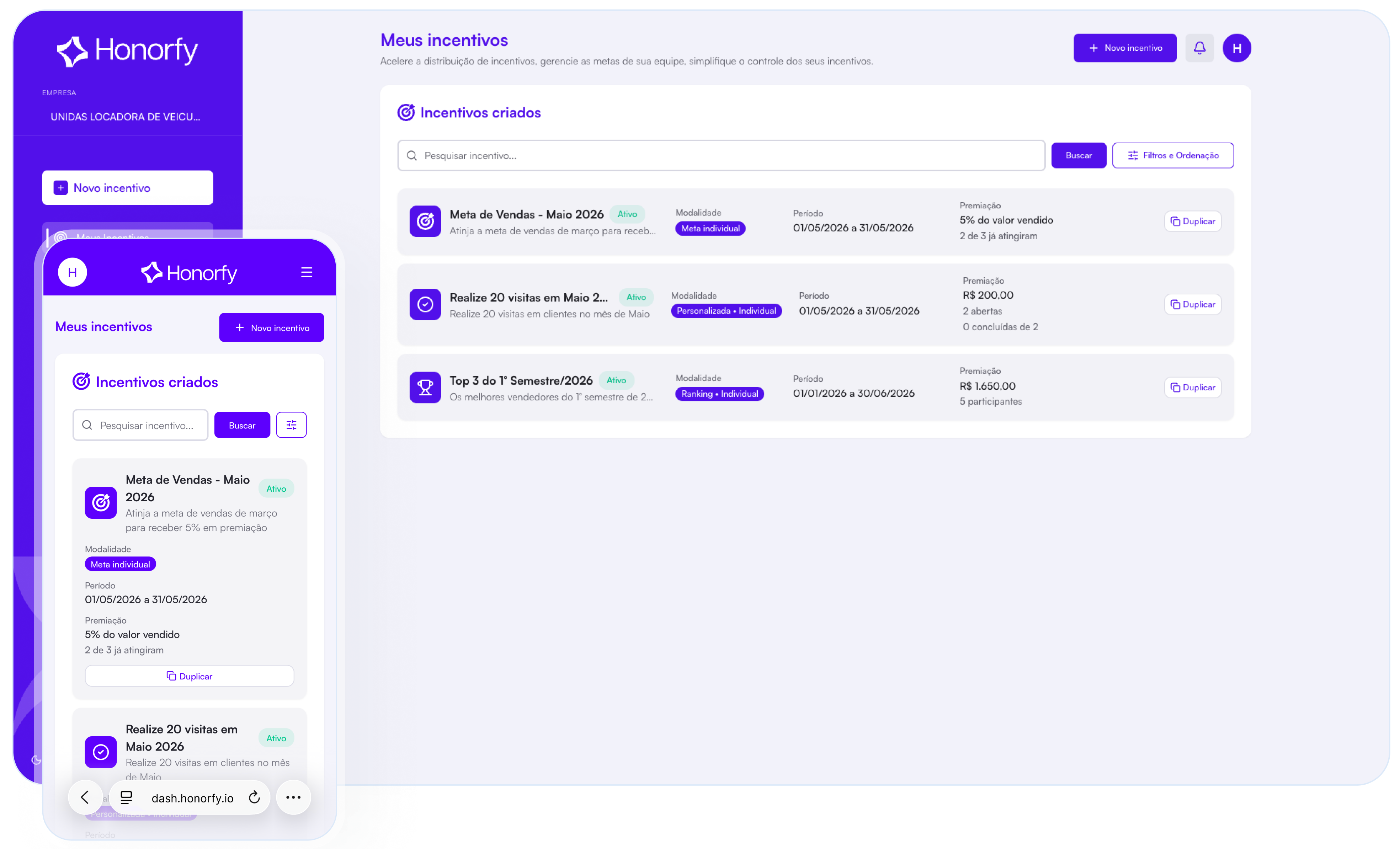 Honorfy: painel de incentivos no desktop e no celular, com campanhas e metas de equipe