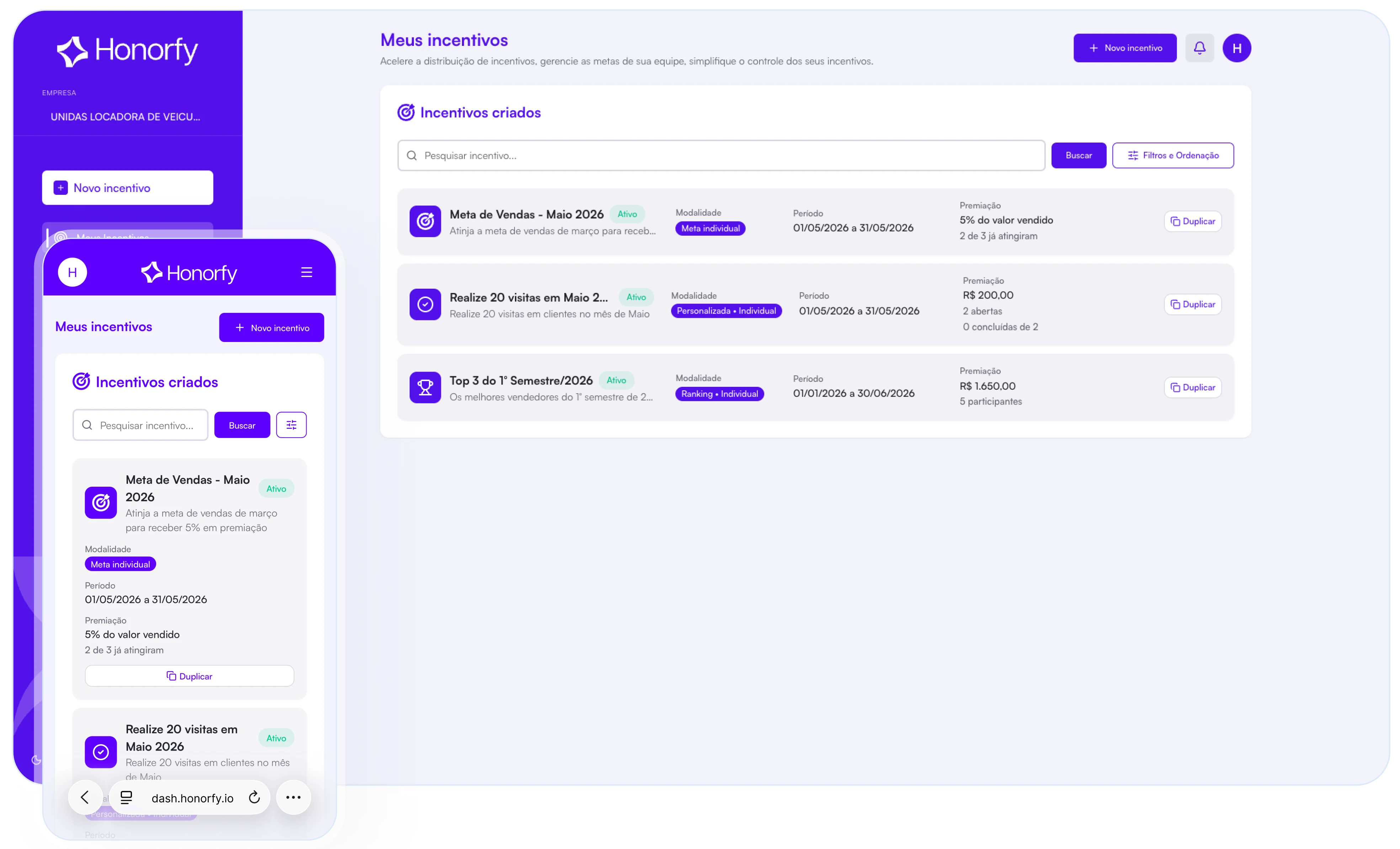 Honorfy: painel de incentivos no desktop e no celular, com campanhas e metas de equipe